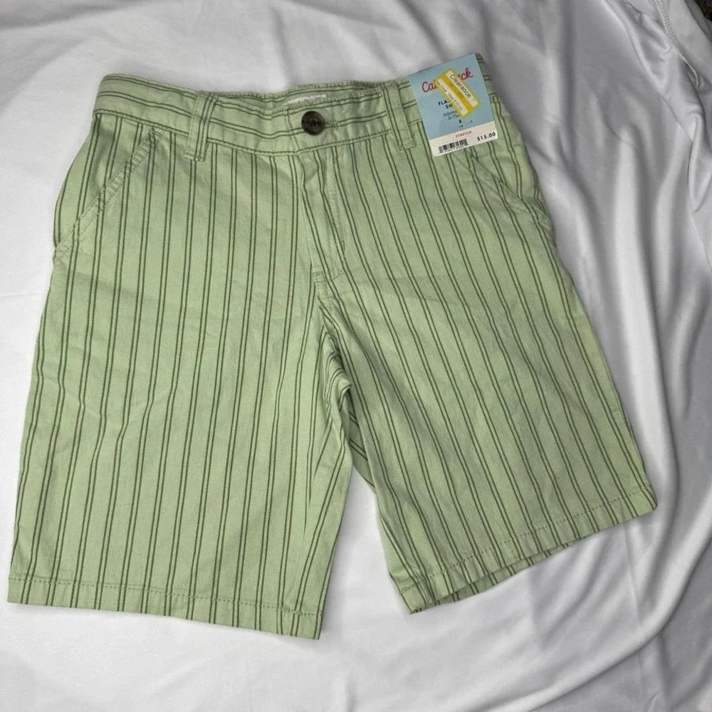 Cat & Jack Boys Size 8 Green Striped Flat Front Shorts NWT Adjustable Waist
